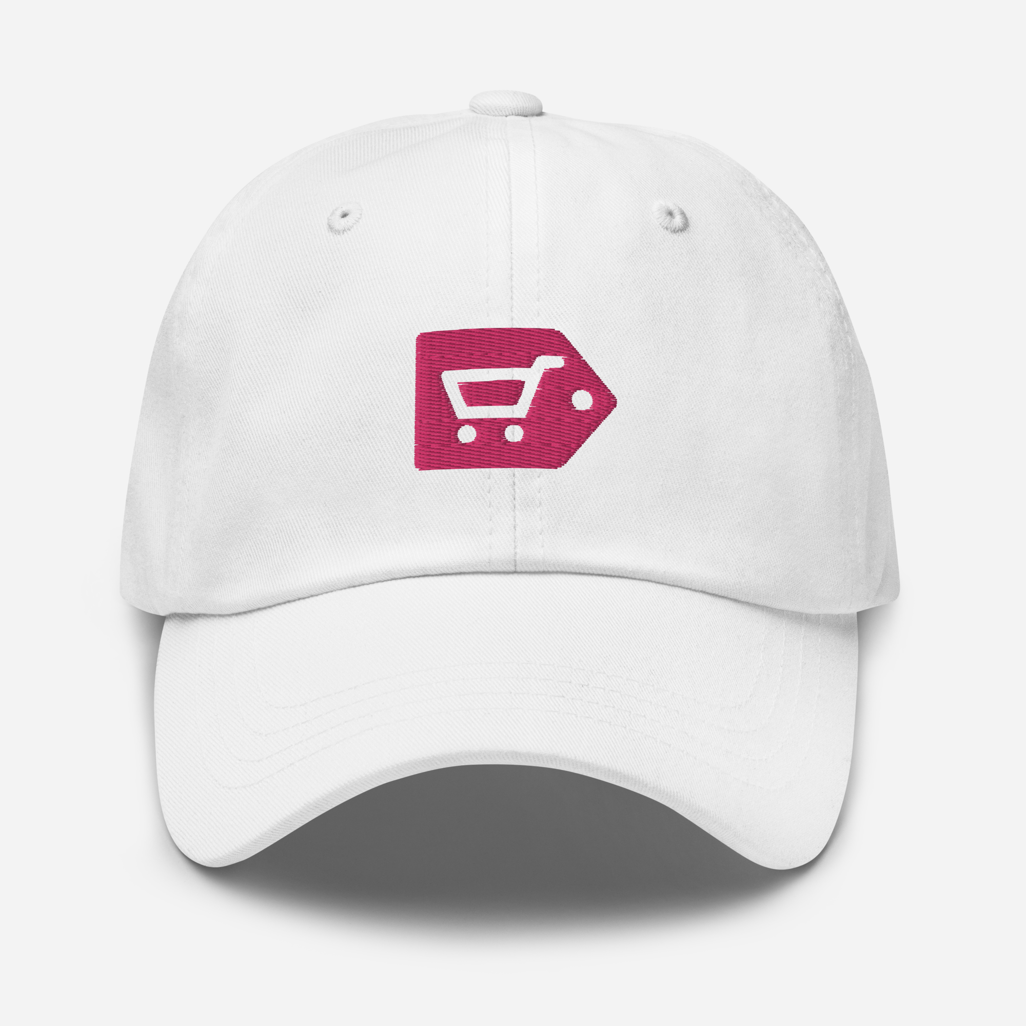 White cap with an embroidered event logo